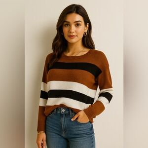 SHEIN Brown and White Crew Neck Sweater with Ribbed Texture